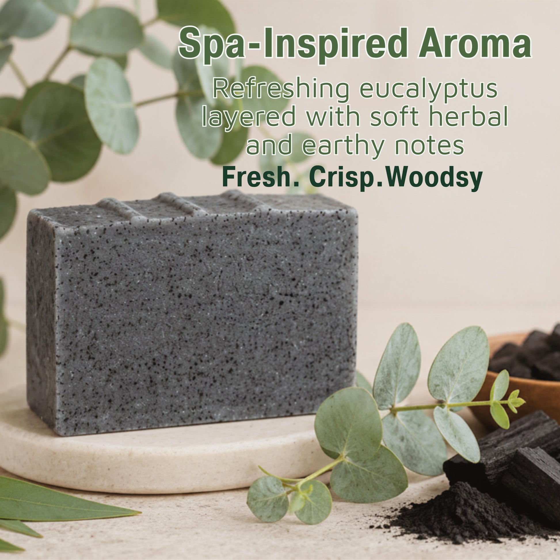 Bonuderm handmade eucalyptus charcoal soap bar next to eucalyptus and activated charcoal 