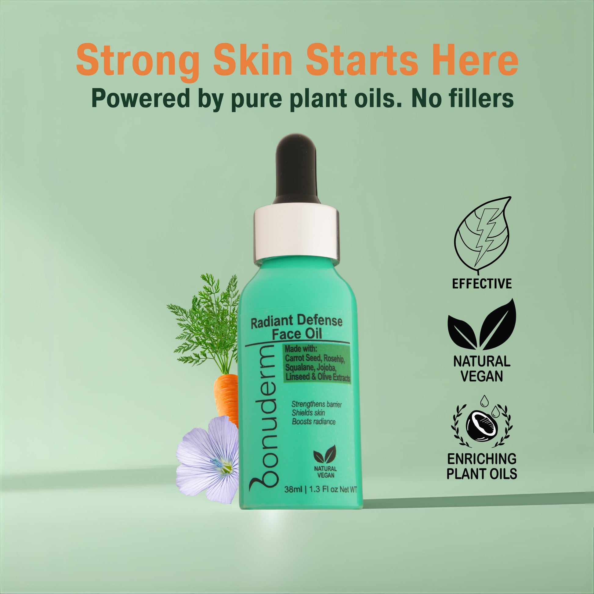 face oil for sensitive skin by bonuderm with icons displaying effective, natural, vegan and enriching plant oils
