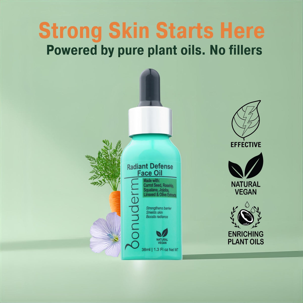face oil for sensitive skin by bonuderm with icons displaying effective, natural, vegan and enriching plant oils