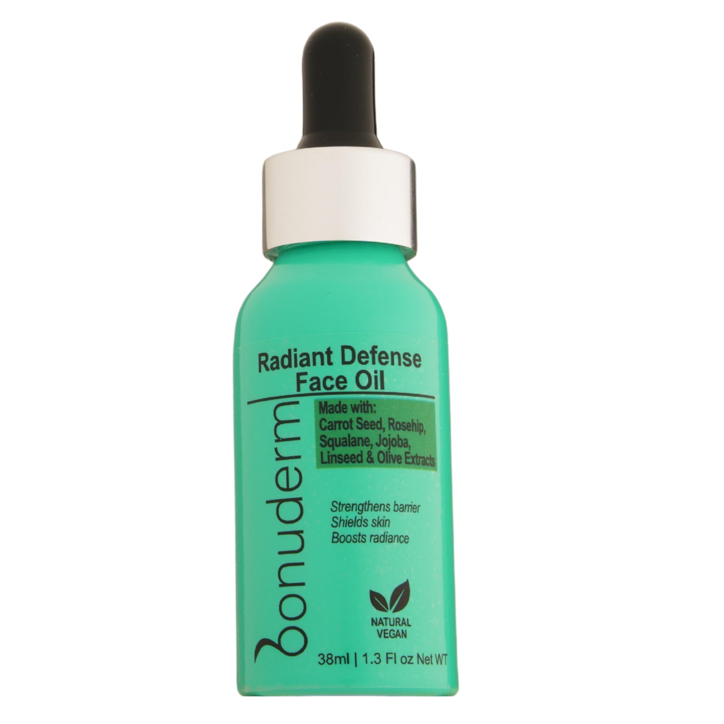 Green bottle of BonuDerm face oil on a white background