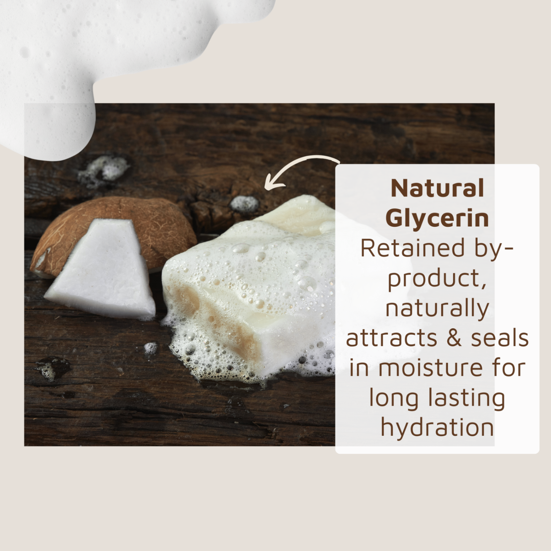 Fragrance free body soap lathered, showing natural glycerin that seals in moisture for long-lasting hydration.