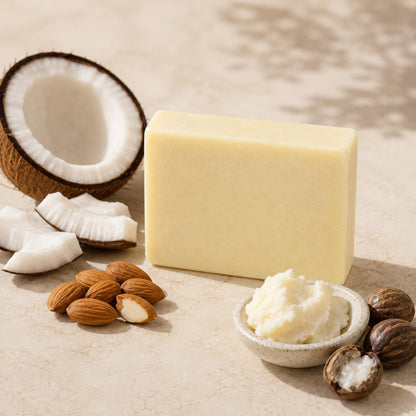 frankincense essential oil soap next to raw ingredients 