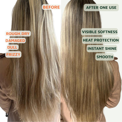Before and after comparison of hair treatment showing rough, dry, damaged hair on the left and smooth, soft, shiny hair on the right.