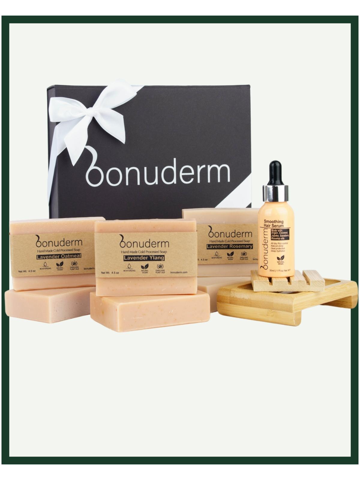 Bonuderm gentle skin care products including soap bars and a non toxic hair oil on a white background.