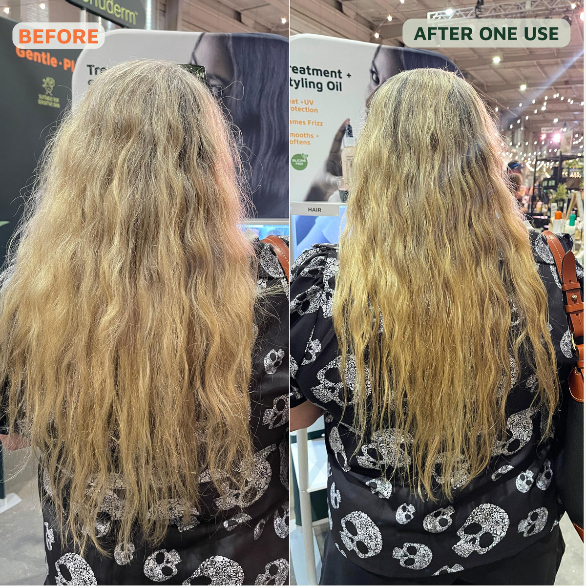 A side-by-side before and after comparison of a woman's long, curly, frizzy, and dry hair. The left side is labeled 'BEFORE' and shows tangled, frizzy hair.
