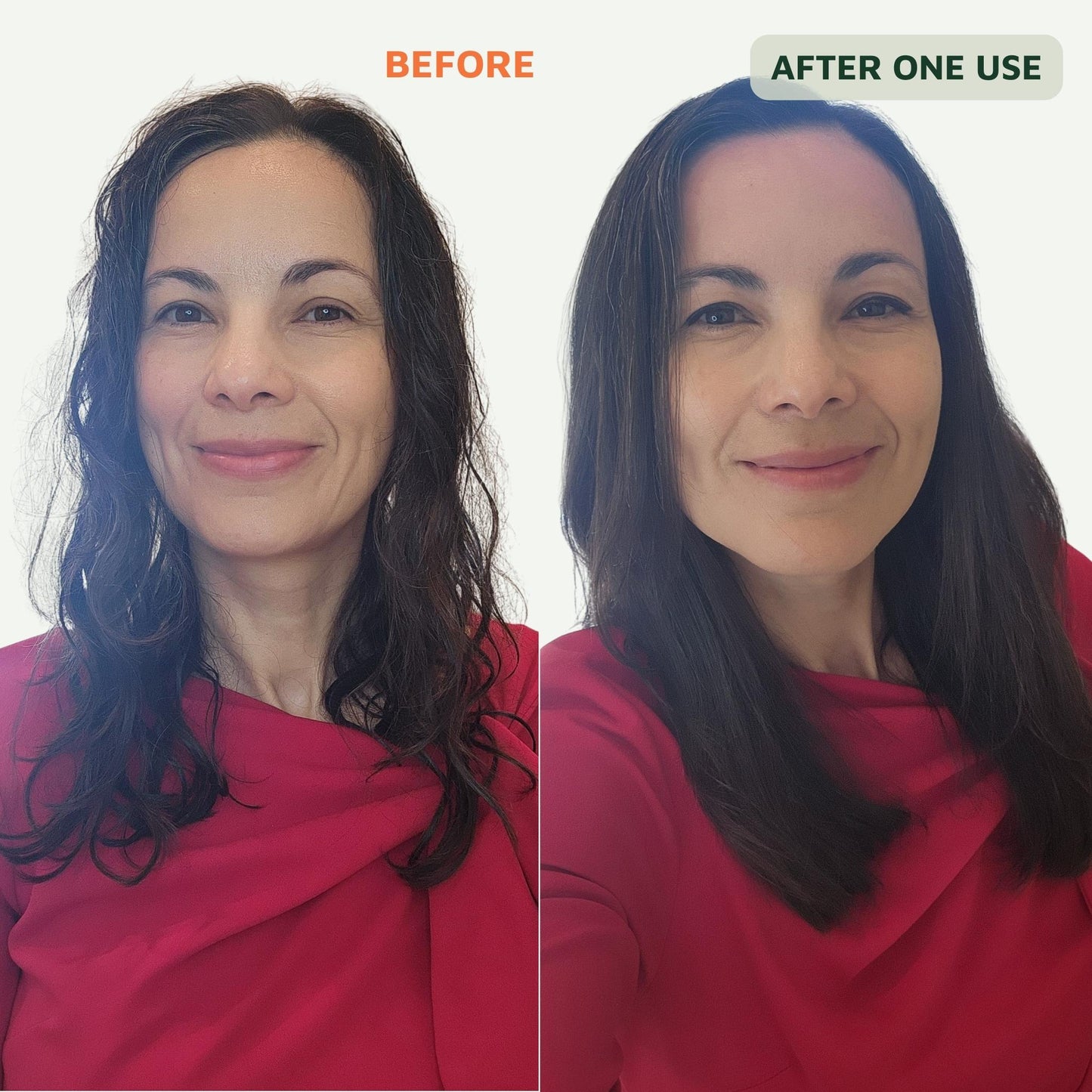 Before and after comparison of a woman with hair oil for frizz control application on a white background