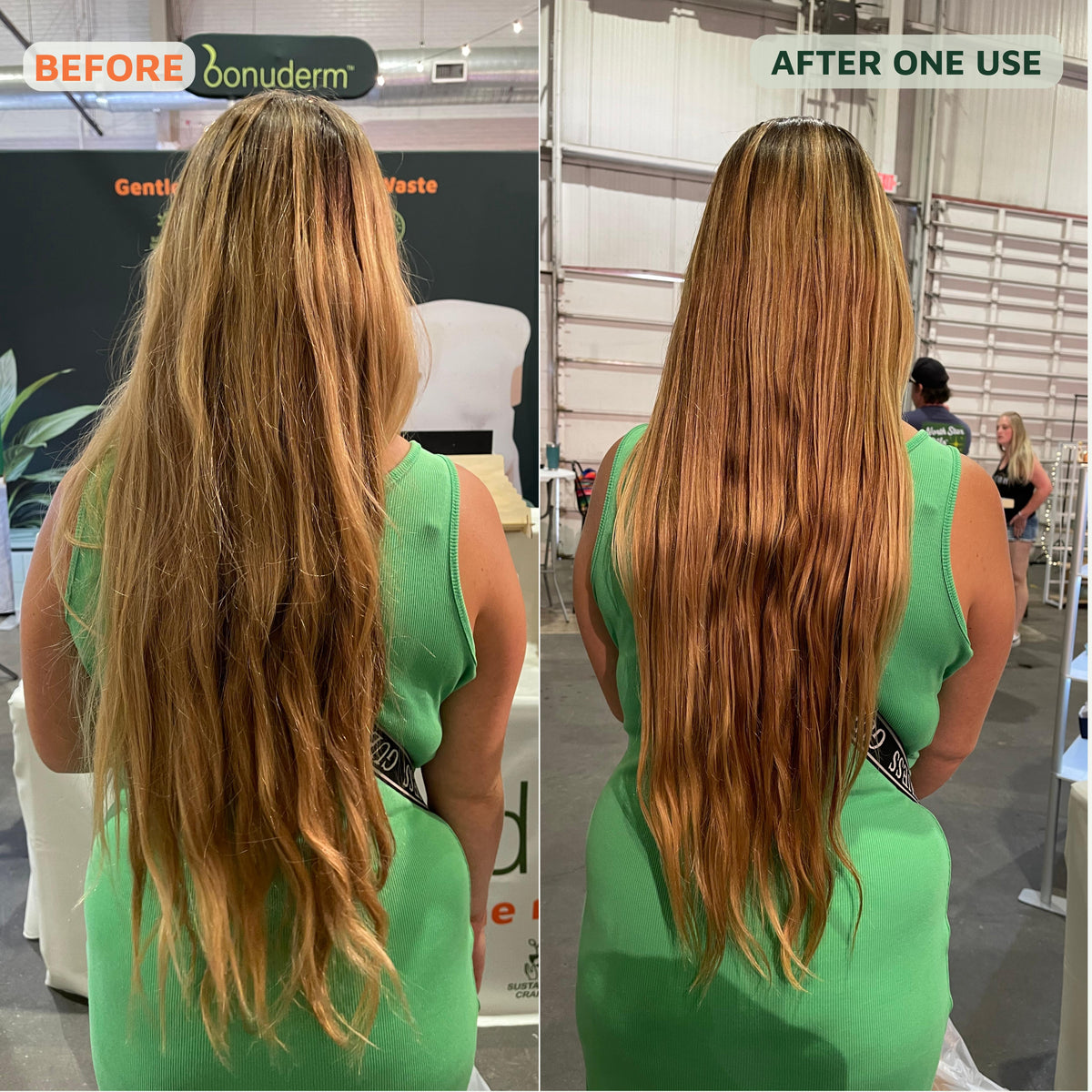 Before-and-after comparison of a person's long, dry, and frizzy bleached hair on the back of the head, shown in a split-screen format with 'BEFORE' on the left and 'AFTER ONE USE' on the right, set in an exhibition hall.
