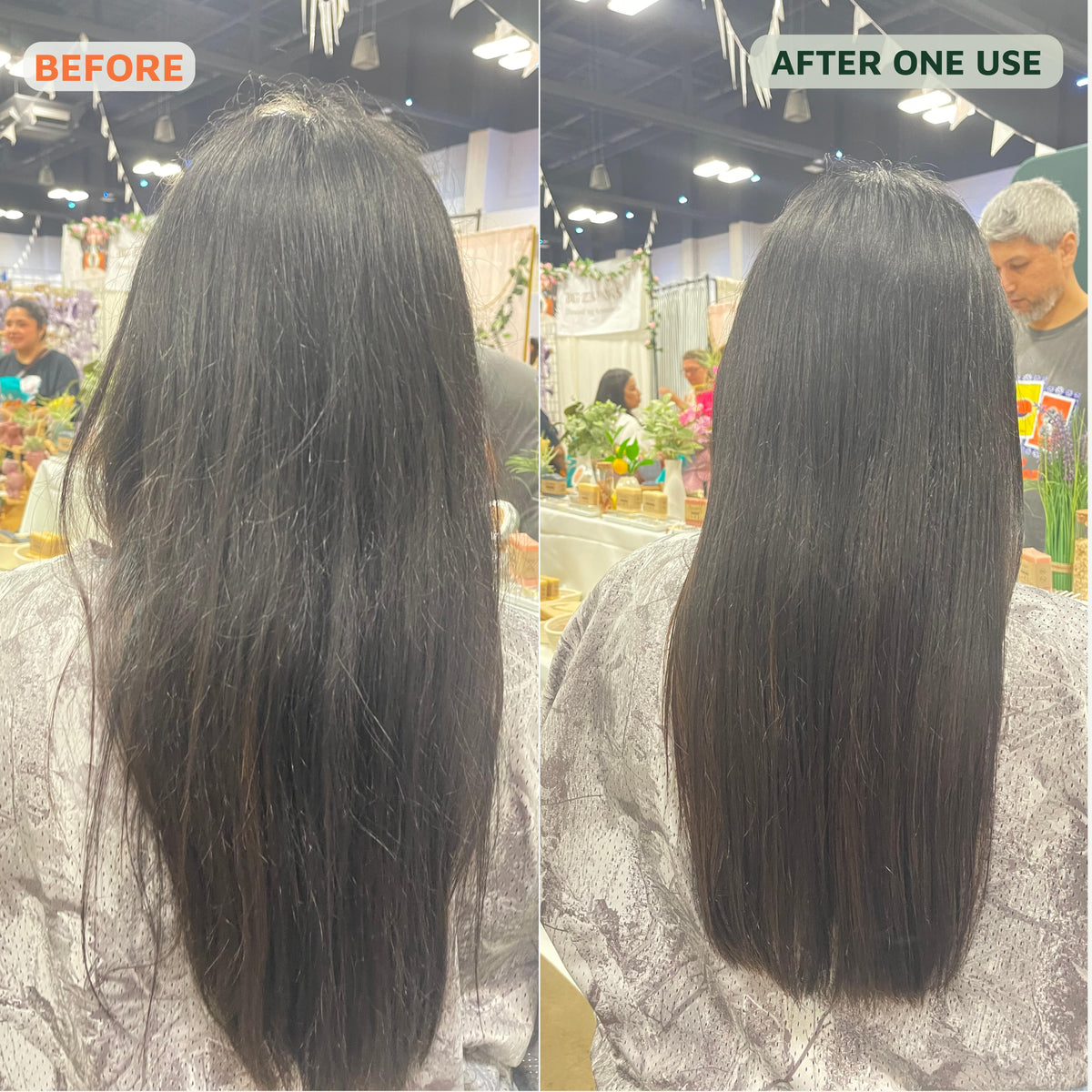 Before-and-after comparison of a person's long, dry, and frizzy black hair on the back of the head, shown in a split-screen format with 'BEFORE' on the left and 'AFTER ONE USE' on the right, set in an exhibition hall.