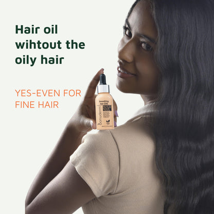 Woman holding a bottle of hair oil moisturizer with text 'Treatment + Styling Hair Oil' on a white background