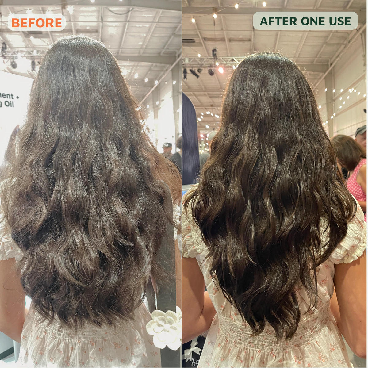 A side-by-side before and after comparison of a woman's long, wavy brown hair, showing the product's effect on hair texture and shine. The left panel is labeled 'BEFORE' and shows duller, less defined waves.