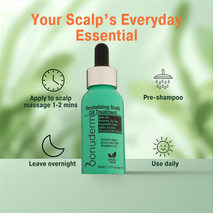 How to use Bonuderm hair scalp oil with icons showing pre-shampoo, overnight, and daily use
