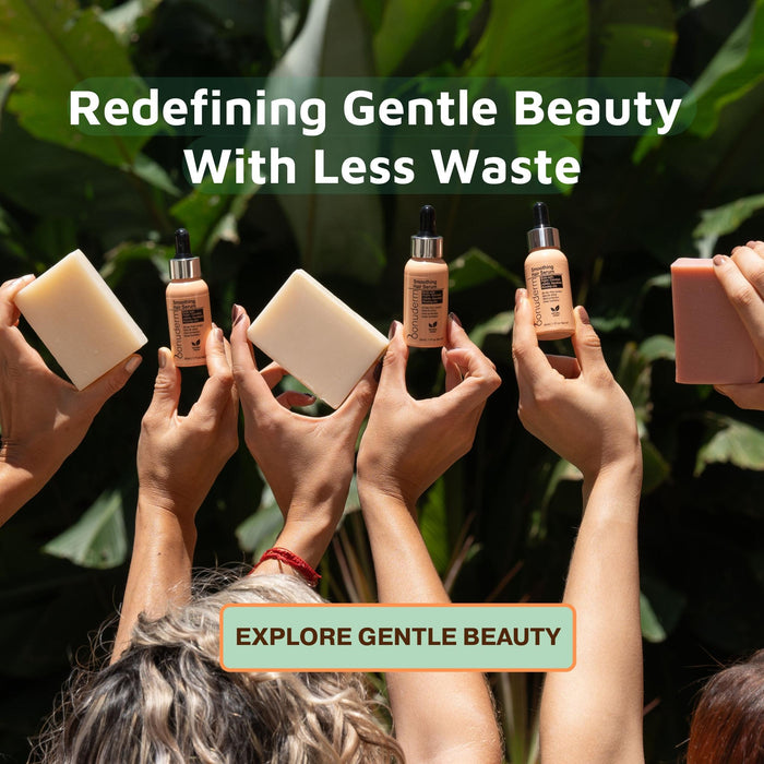 Hands holding handmade-skin-care-products with text 'Redefining Gentle Beauty With Less Waste' and 'Explore Gentle Beauty'.