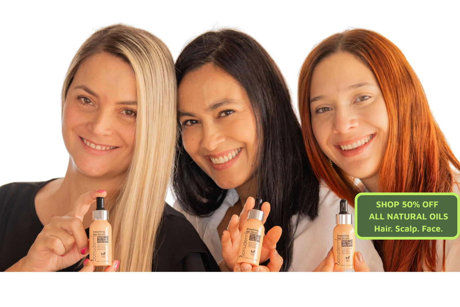Three women holding bottles of all natural oils for face, scalp and hair with a promotional banner on a white background.