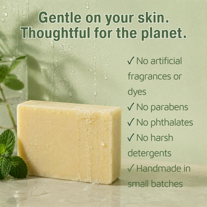 handmade soap with text highlighting its benefits 