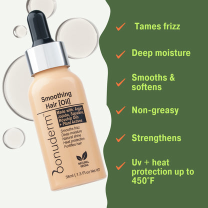 Bonuderm lightweight hair oil with dropper on a white background, featuring product benefits on a green sidebar.