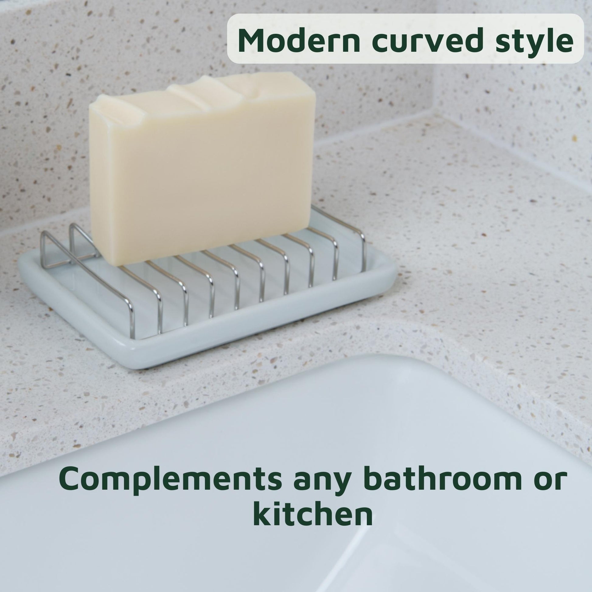 marble soap dish with a bar of soap on a speckled countertop, text 'Modern curved style' and 'Complements any bathroom or kitchen'.