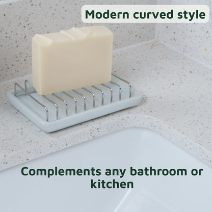marble soap dish with a bar of soap on a speckled countertop, text 'Modern curved style' and 'Complements any bathroom or kitchen'.