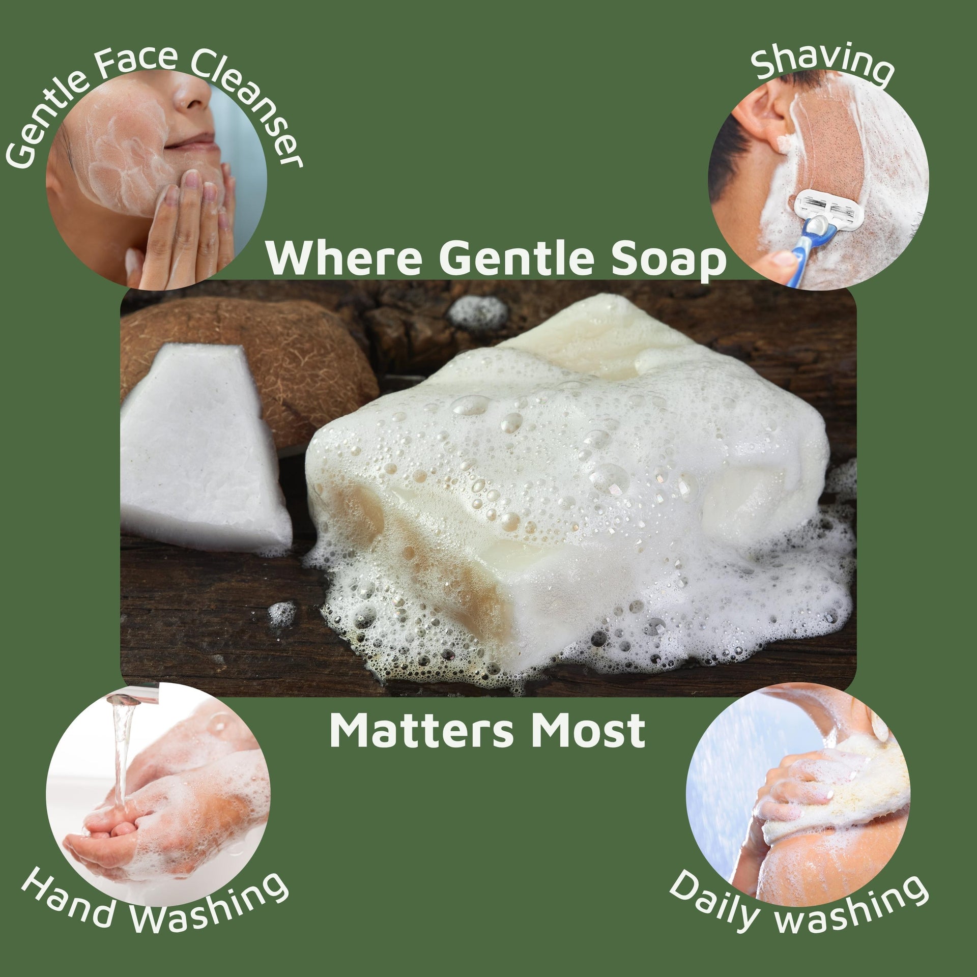 Gentle face cleanser with usage scenarios on a green background