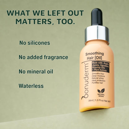 bottle of bonuderm smoothing moisturising hair oil next to text:"no silicones, no added fragrance, no mineral oil."