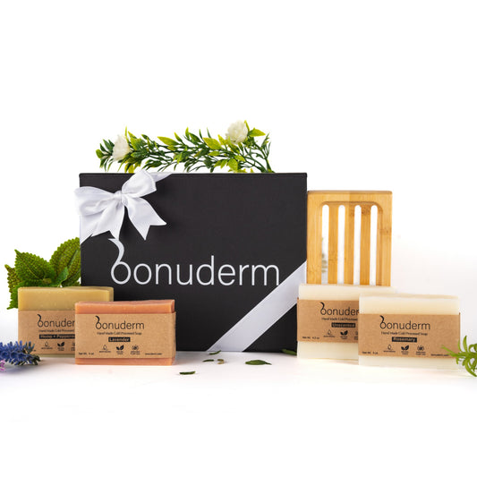 Moisturizing 4 Bars Handmade Soap Gift Set – Natural Soap Gift Baskets, Spa Soap Gift Box with Bamboo Soap Dish - Bonuderm