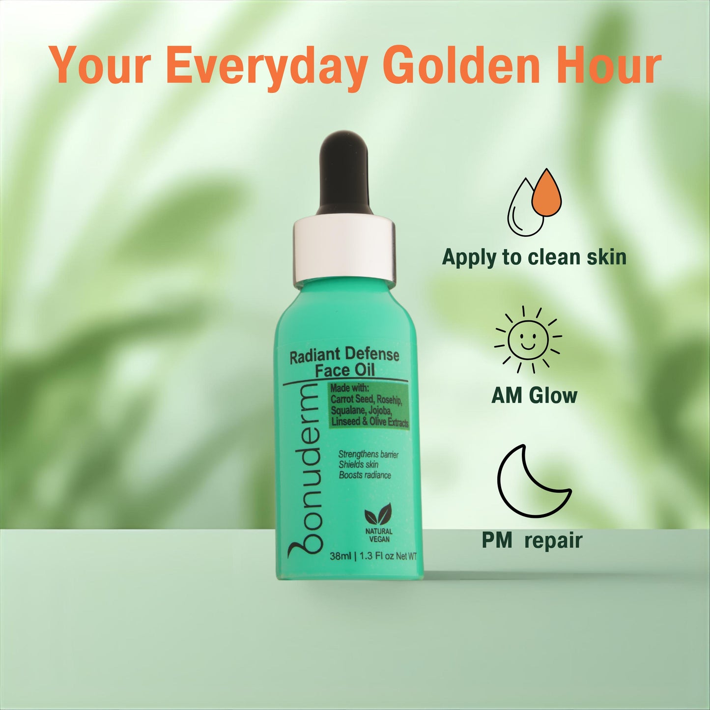 moisturizing face oil green bottle with icons for daily use 