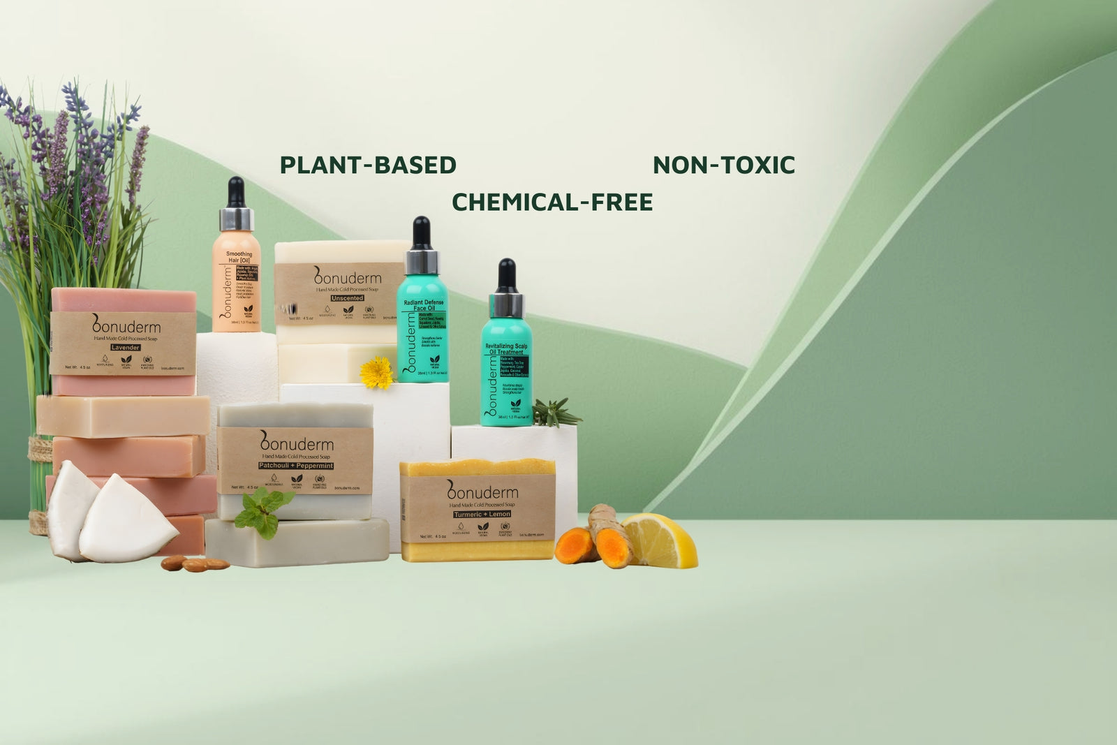 Bonuderm Natural skincare products on a green background with 'Plant-Based', 'Chemical-Free', and 'Non-Toxic' text.
