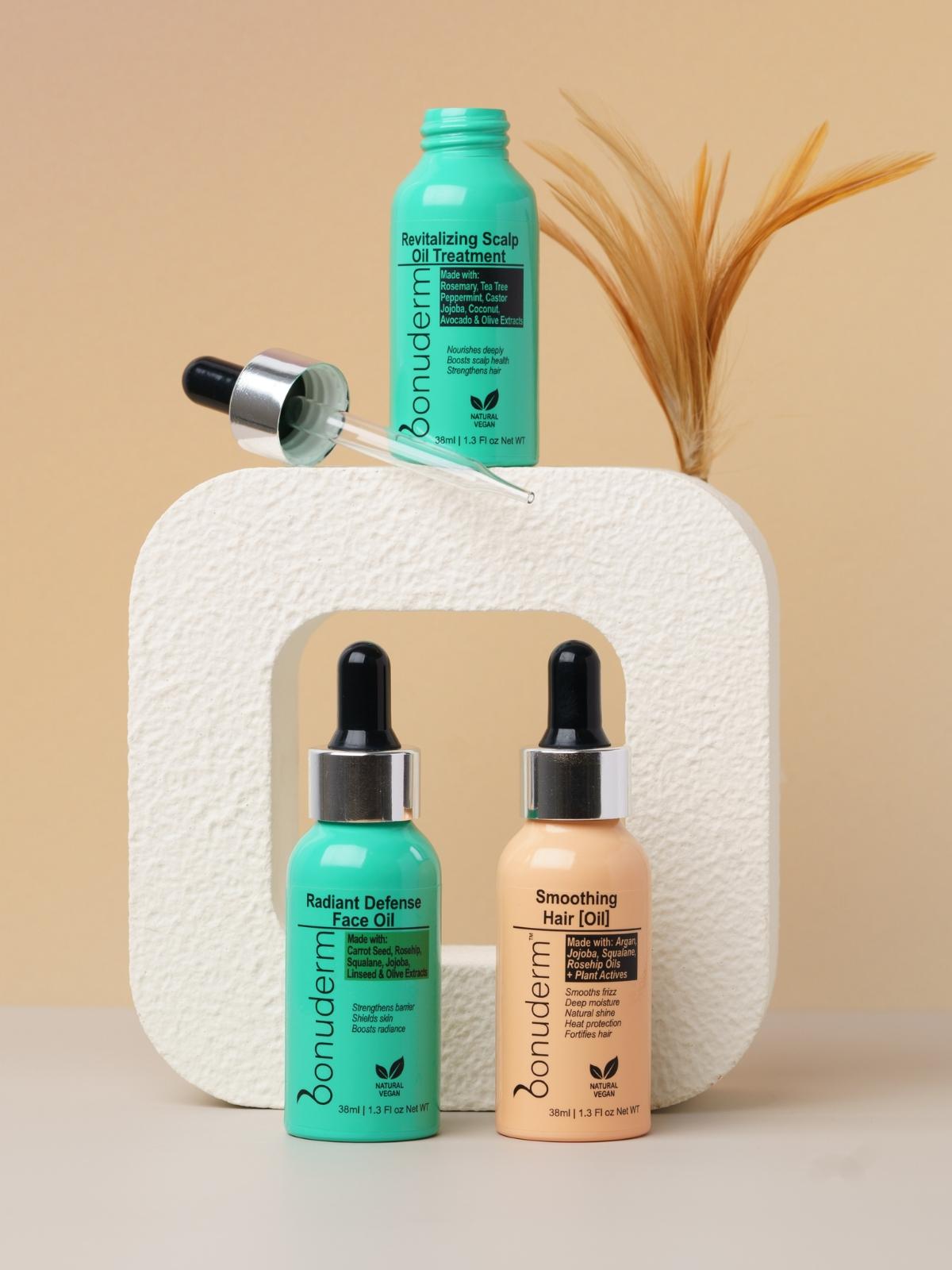 non toxic hair and  skincare products on a textured white surface with a beige background