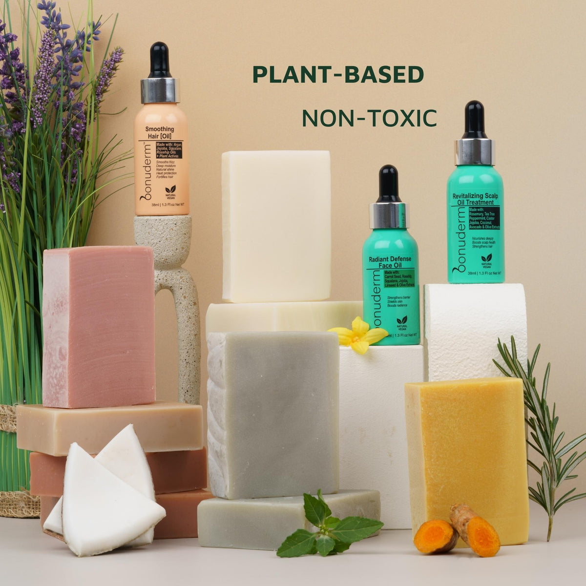 Collection of plant-based, chemical-free, and non-toxic skincare products including non toxic hair oils and bars soaps on a neutral background.