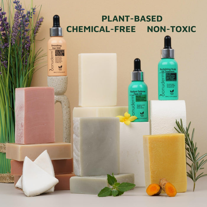 Collection of plant-based, chemical-free, and non-toxic skincare products including non toxic hair oils and bars soaps on a neutral background.