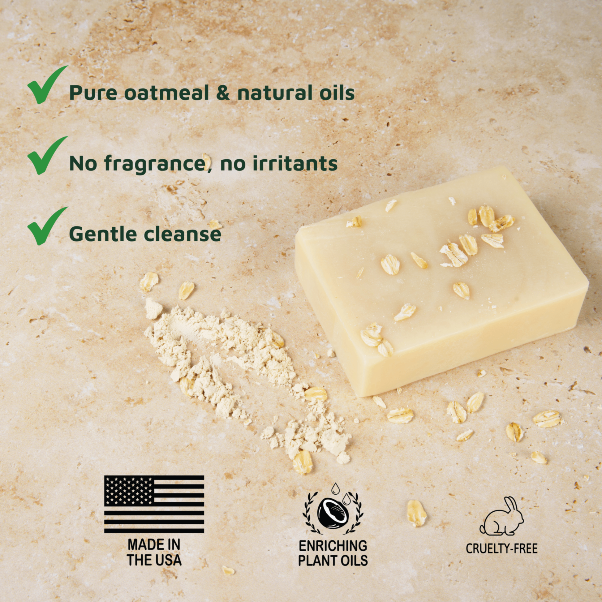 oatmeal soap for eczema with pieces on a beige background, featuring text about natural ingredients, fragrance-free, gentle cleanser.