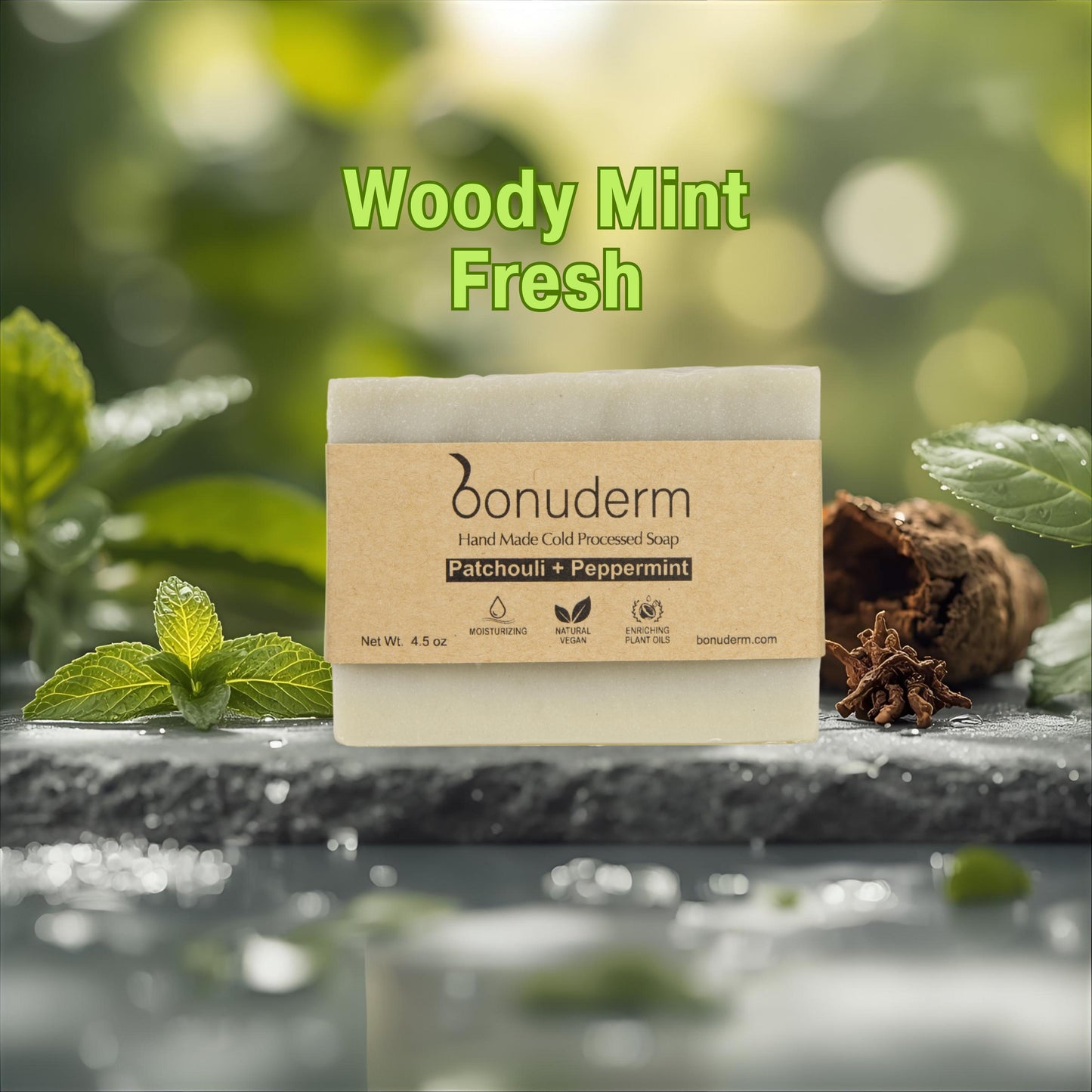 patchouli oil soap with 'Woody Mint Fresh' text on a natural background 