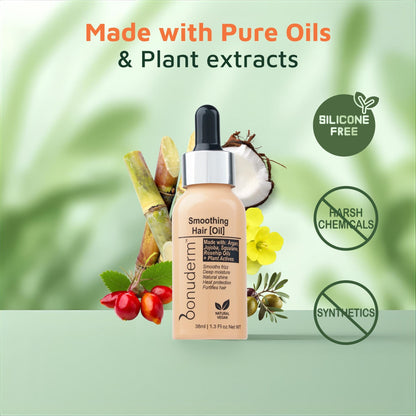 plant-based hair oil moisturizer with natural ingredients and certification icons on a green background
