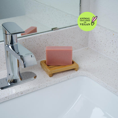 rose castile soap display on a soap dish next to an icon " animal test free and veganby PETA"