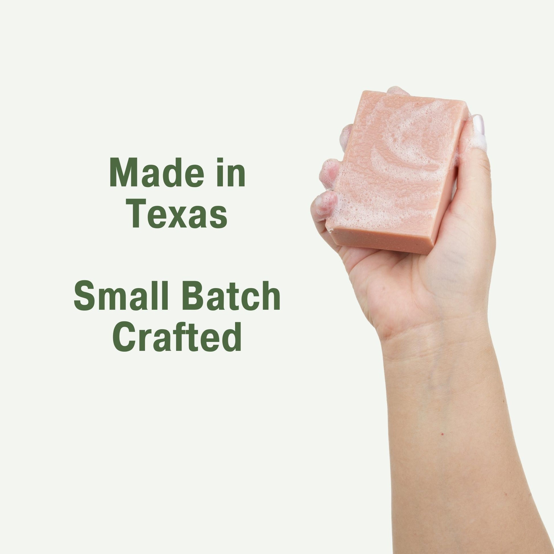 hand holding soap that's made in texas and crafted in small batches