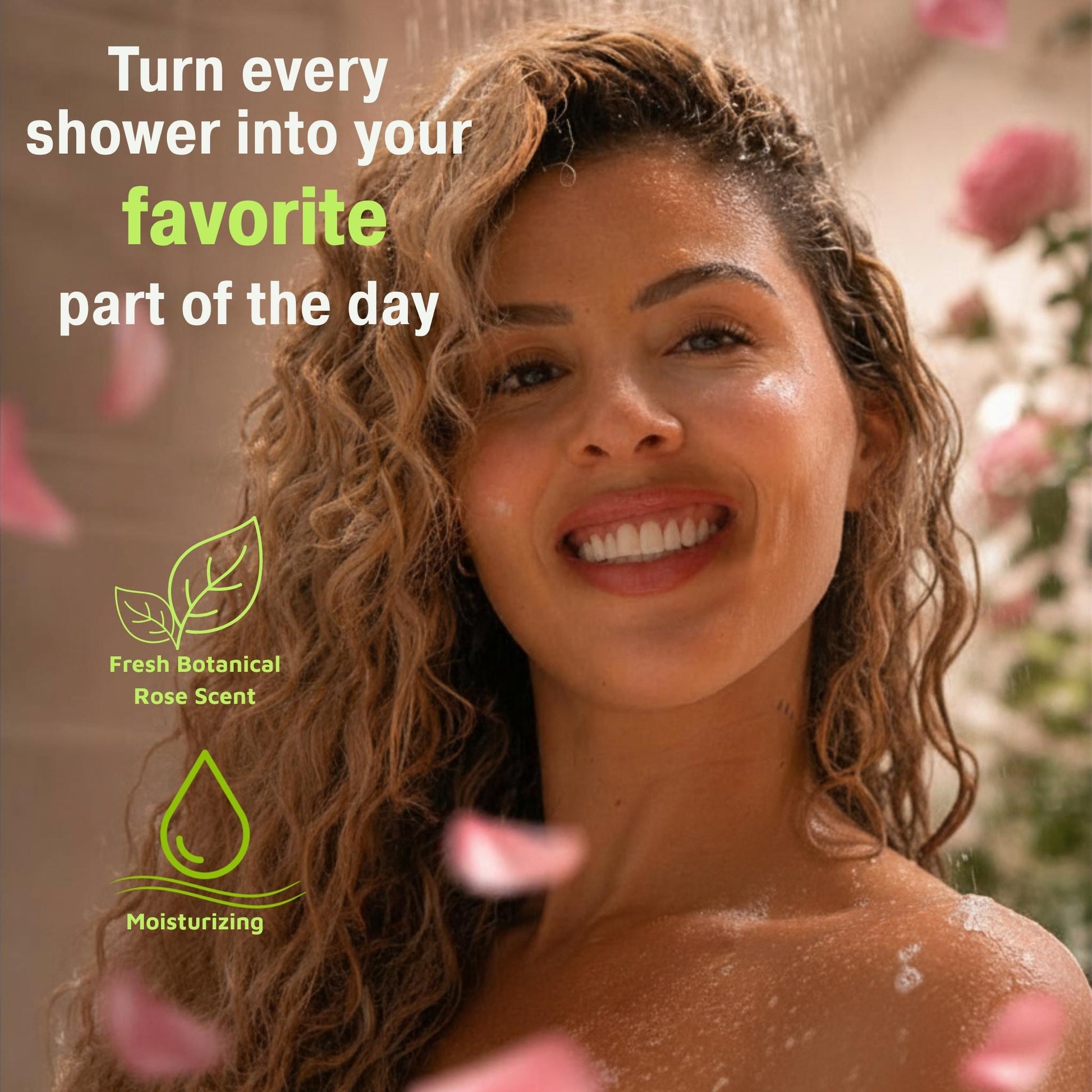 woman enjoying a Woman enjoying Rose Geranium rose soap in shower