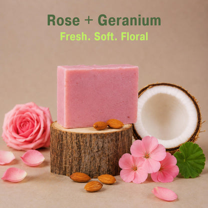 Rose soap with coconut, almonds and geranium flowers