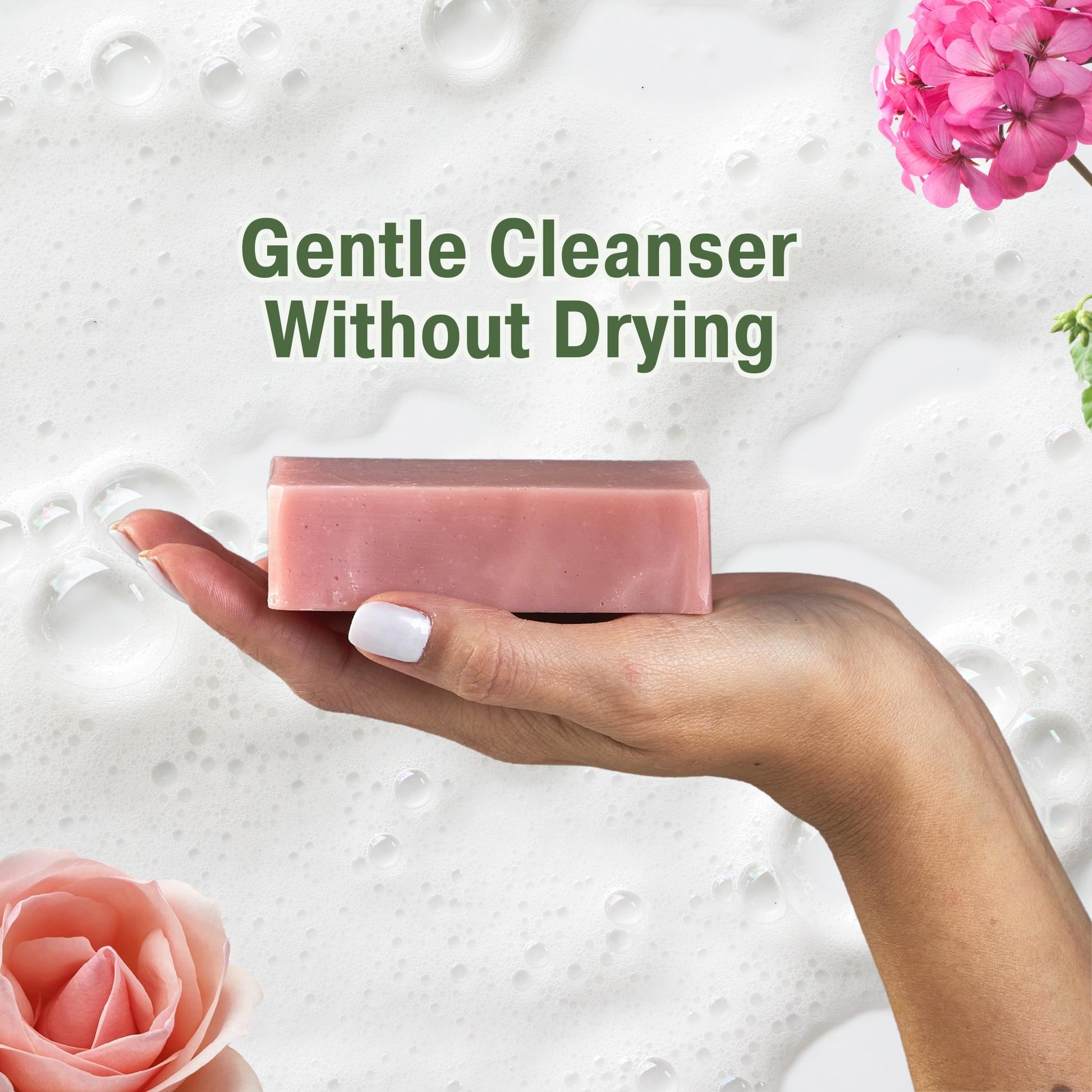 hand holding rose soap bar with text " gentle cleanser without drying"