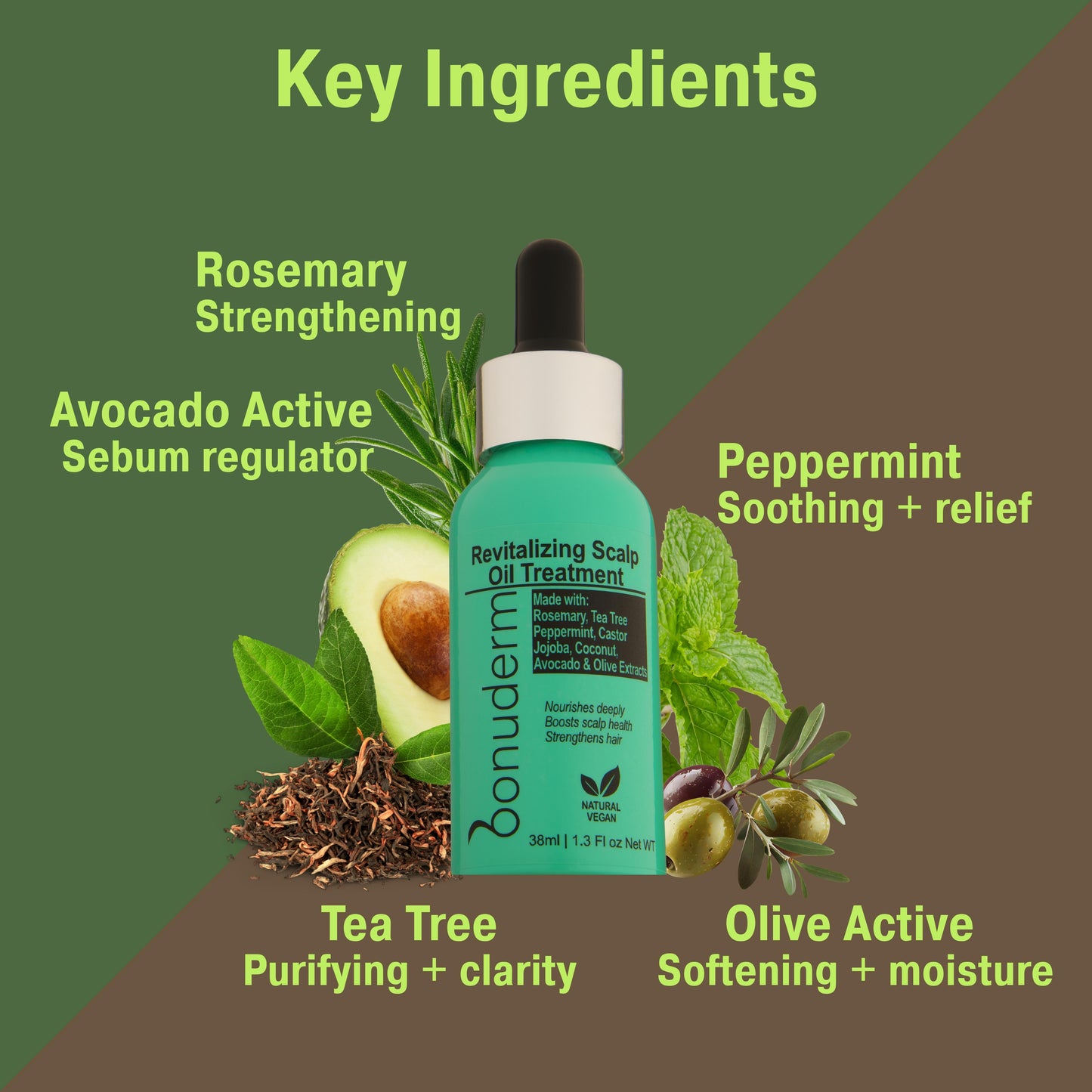 Bonuderm rosemary scalp oil treatment with key ingredients listed on a green and brown background