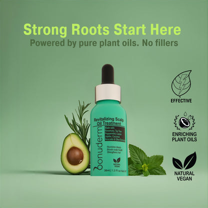 Bottle of Bonudermin scalp oil treatment for Dry and itchy scalp problem with avocado and herbs on a green background