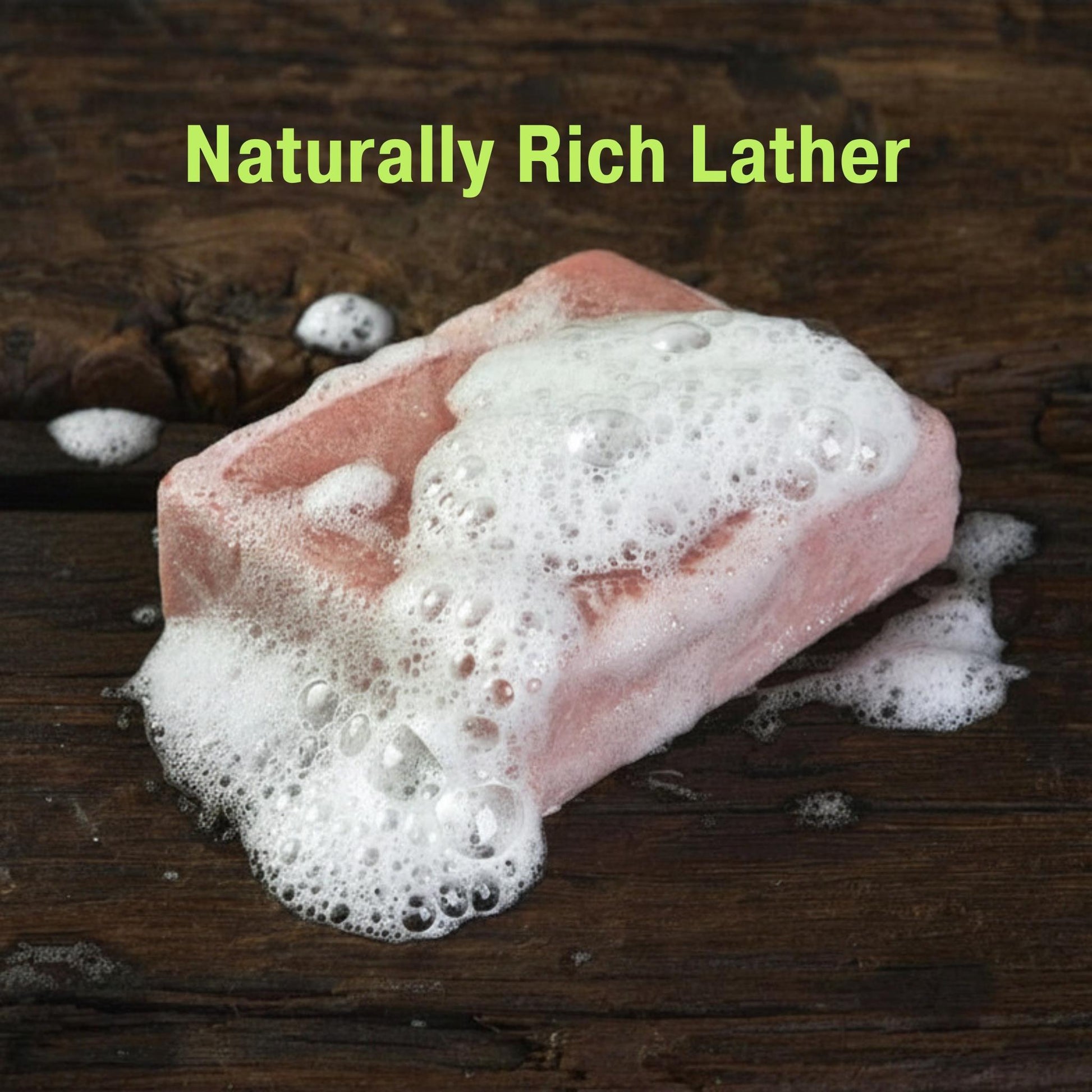 scented Soap with rose displayed with lather and overlay text "naturally rich lather"