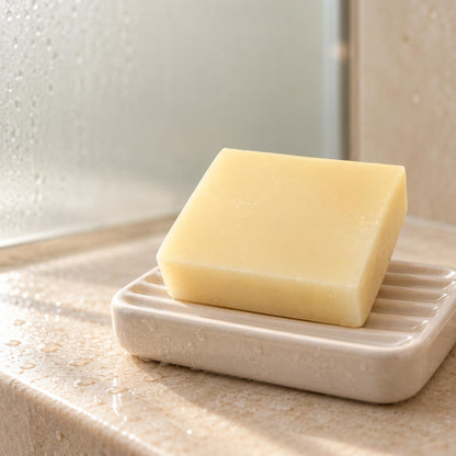 shampoo bar conditioner resting in a soap dish 