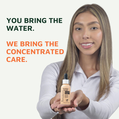 a woman holding a bonuderm shine hair oil bottle with texts : "you bring the water. We bring the concentrated care."
