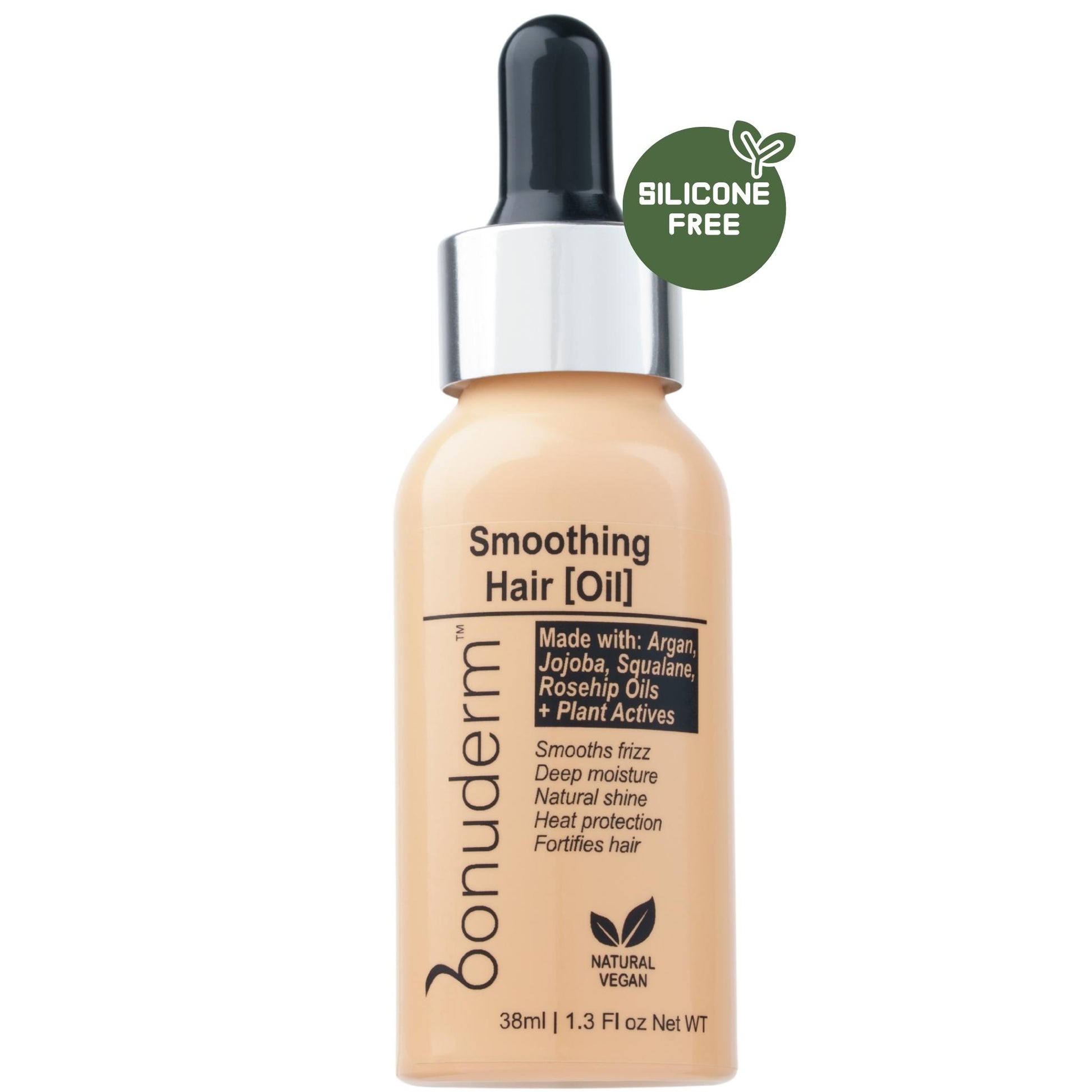 Bottle of Bonuderm silicone free hair oil moisturizer with a dropper on a white background