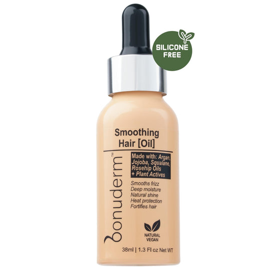 Bottle of Bonuderm silicone free hair oil moisturizer with a dropper on a white background