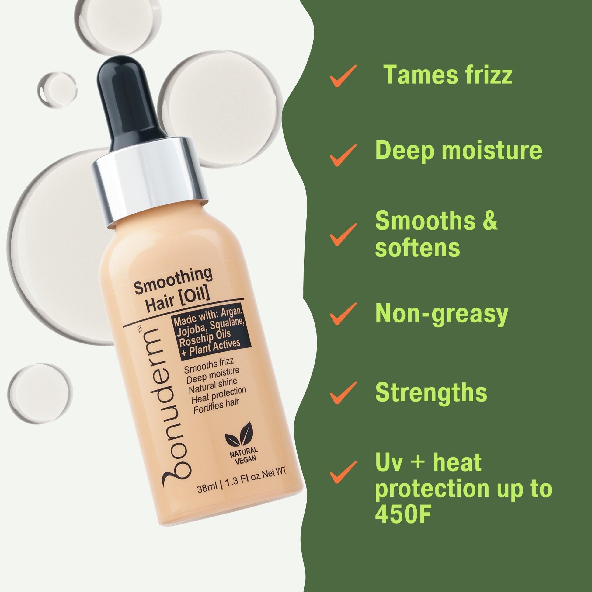 Bonuderm Silicone-free Hair serum bottle with dropper on a white background, featuring product benefits on a green sidebar.