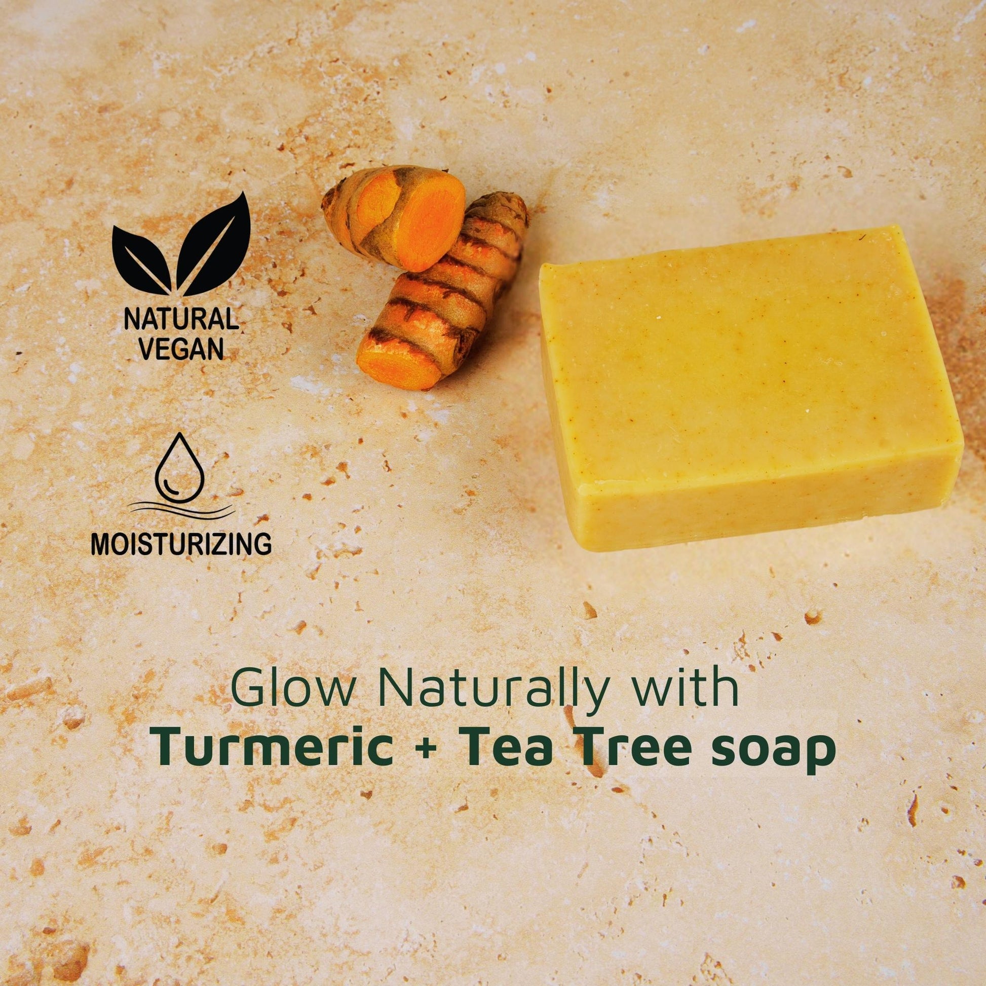 turmeric bar soap with tea tree on a textured beige background with 'Natural Vegan' and 'Moisturizing' icons.