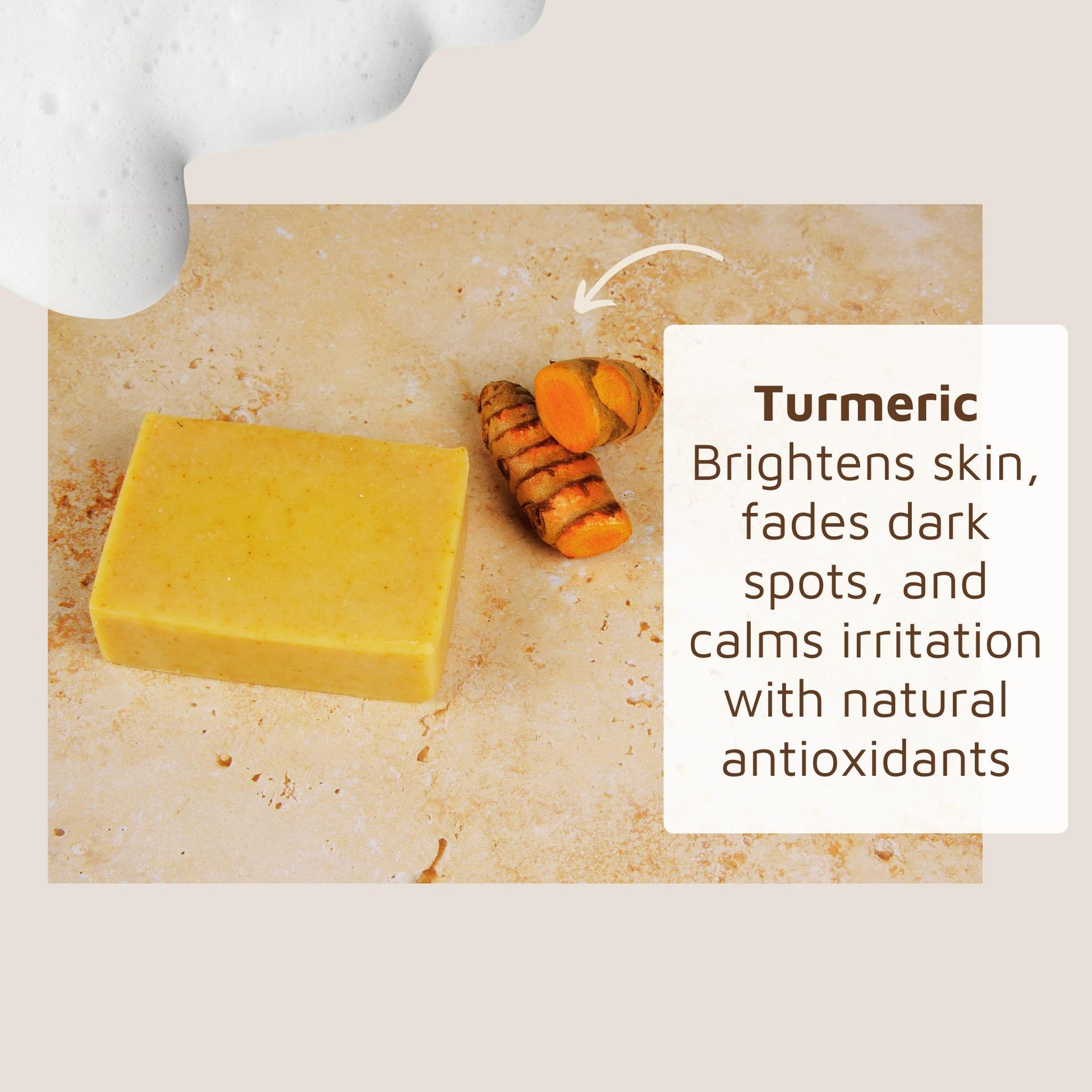 turmeric soap for sensitive skin with turmeric root on a beige background