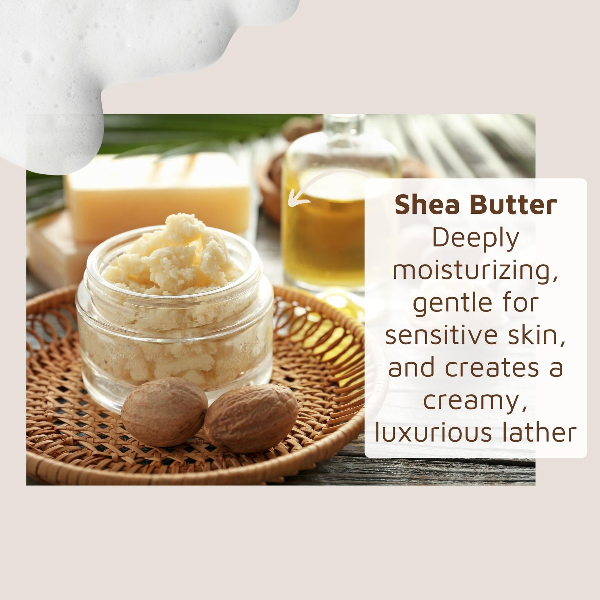 Jar of shea butter with shea nuts on a woven mat, surrounded by other natural products.