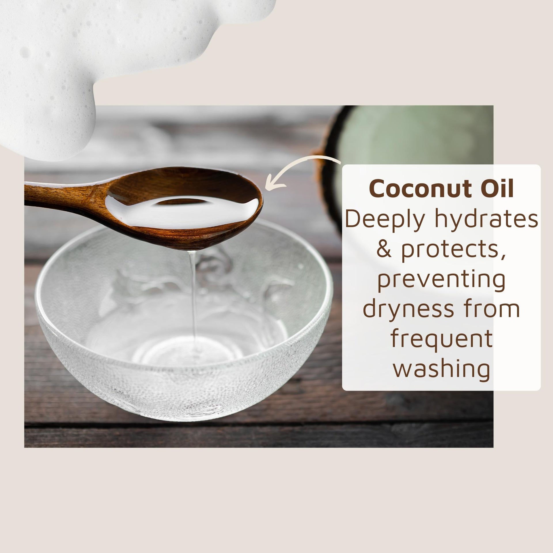 Coconut oil being poured from a wooden spoon into a glass bowl with text about its benefits.
