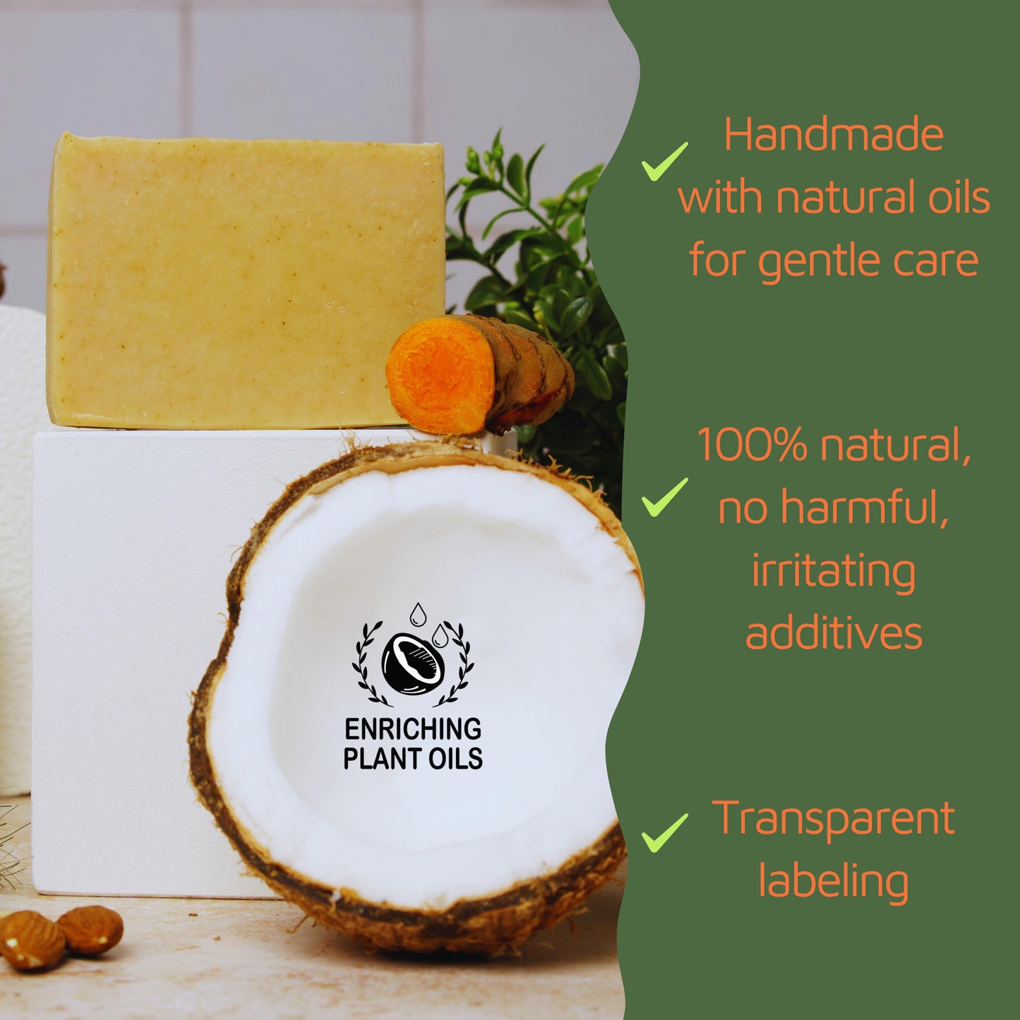 turmeric soap organic with a coconut shell and carrot on a white background, featuring text about natural ingredients.